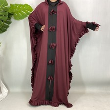 Muslim Women Batwing Sleeve Abaya Dubai Kaftan Bowknot Long Dress Hooded Islamic
