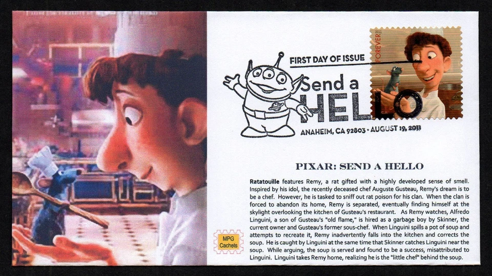 USA, SCOTT # 4553-4557, SET OF 5 MPG FDC COVERS SEND A HELLO, DISNEY PIXAR 2011 - Image 3 of 4