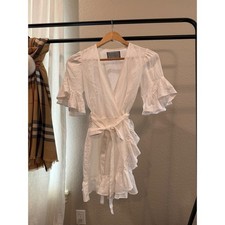 Reformation White 100% Linen Ruffle Wrap Mini Dress XS Short Sleeve V-Neck
