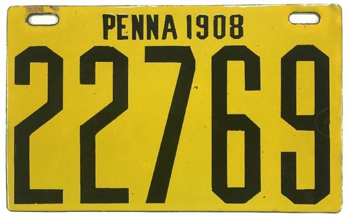 Pennsylvania 1908 Porcelain License Plate 22769 Antique Garage Man Cave Bar Sign