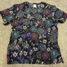 Cherokee Scrub Top Women's Medium Black Floral Design Nursing Healthcare Pockets