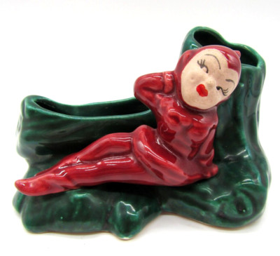 Vintage Red Girl Pixie Elf Green Stump Planter Vase Dimples Eyelashes Lipstick