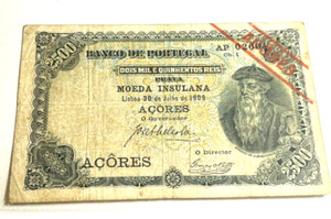 Acores 2500 Reis 1909 VF Note - AGN - Face With Red Diagonal Overprint RARE