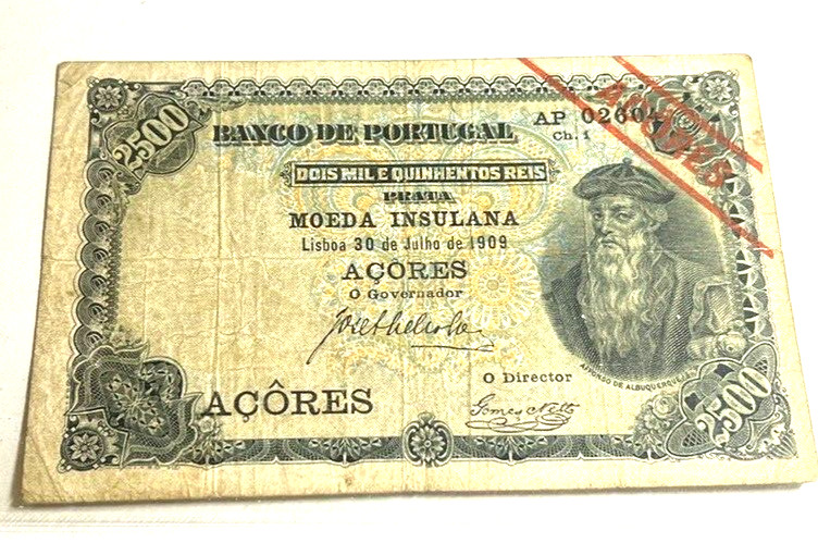 Acores 2500 Reis 1909 VF Note - AGN - Face With Red Diagonal Overprint RARE