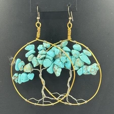 Turquoise Tree of Life Earrings Handmade 3" Drop Dangle Gold Tone