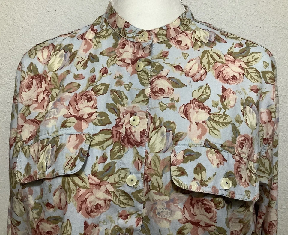 Blusa Top LizWear Mujer Talla M Azul Algodón Floral Cuello Banda Largo Slv Cottage Core Foto 3 de 4