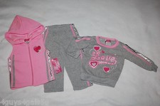 Baby Girls 3 PC SET Gray Pink HOODED VEST Sweatshirt PANTS Love SIZE 12 18 24 MO