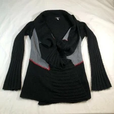 Belamie Sweater Womens M Black Gray Striped Cowl Neck Wool Mohair Blend Fuzzy