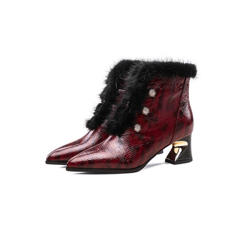 Women's Formal Winter Elegant Leather Fur Pointed Toe Side Zip