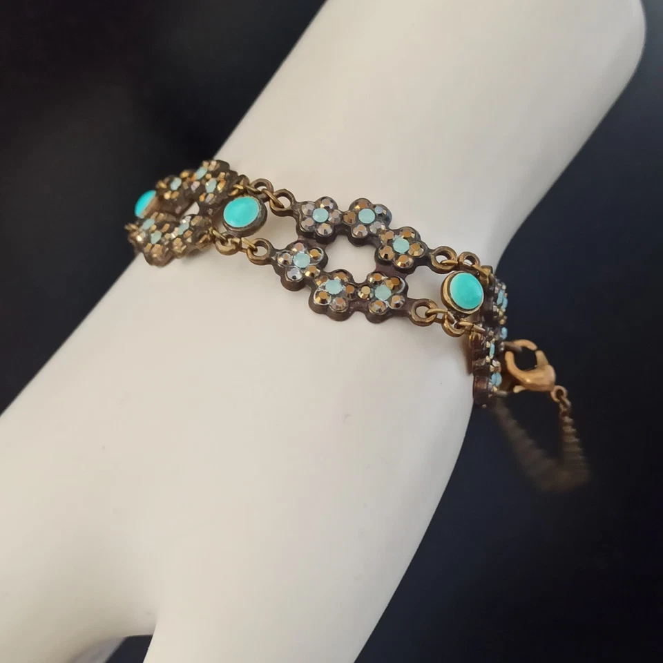 Michal Negrin Bracelet Turquoise Dainty Flowers Wide With Swarovski Crystals VTG - Image 3 of 4