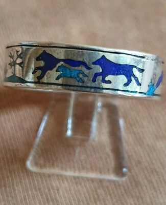 Chip Inlay Ring, Wolf Rudel Storyteller, Türkis & Lapis, Silber, Indianer