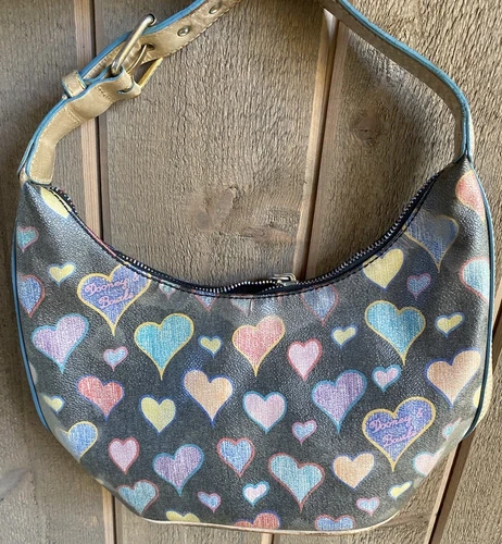 Vintage Dooney & Bourke Crayon Heart Canvas Coated Black Shoulder Bag Purse