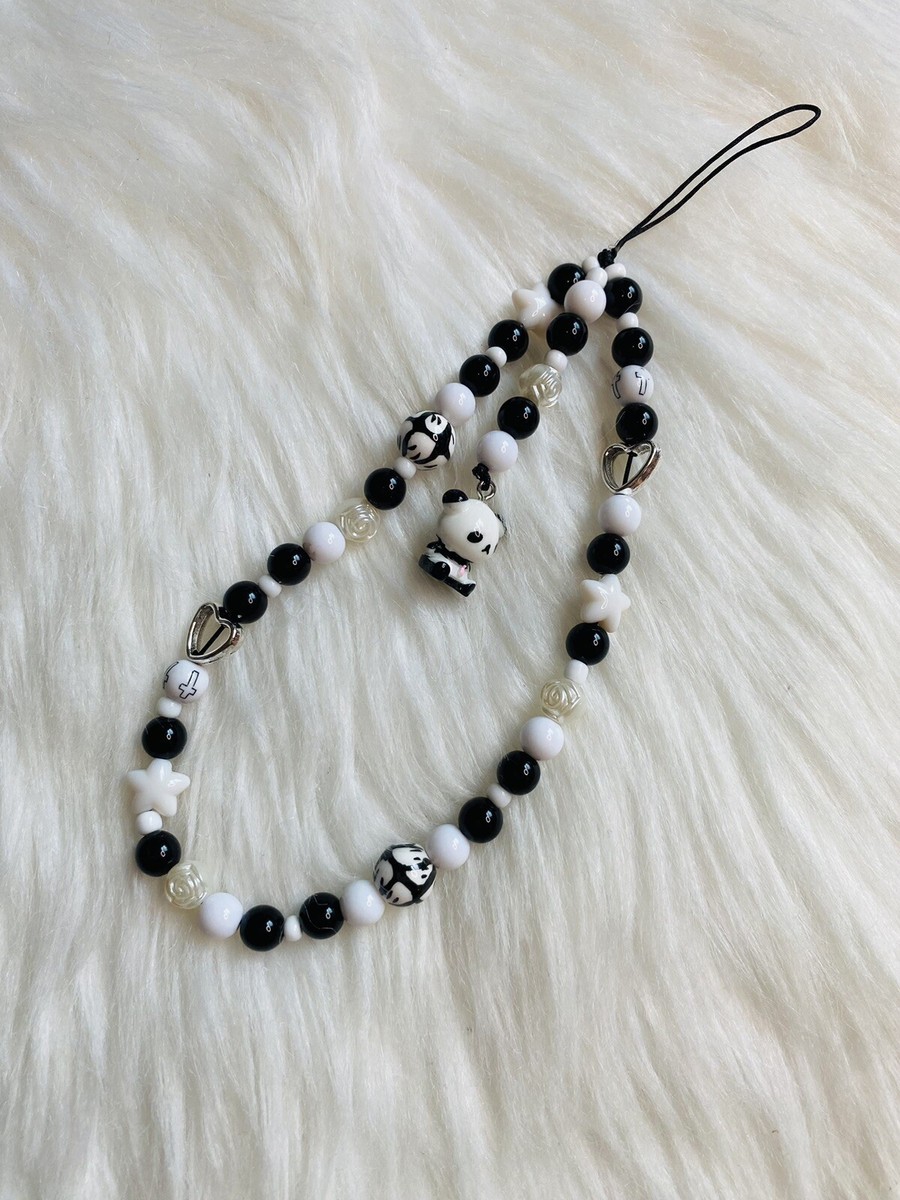 Y2k Panda Beaded Phone Charm Strap black White New Handmade