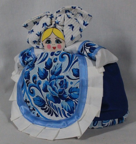 TRADITIONAL RUSSIAN "LADY" WHITE & BLUE GZHEL DESIGN INSULATED TEAPOT COZY DOLL - Picture 2 of 6