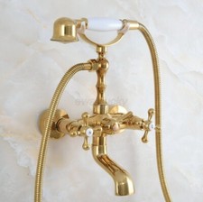 Polished Gold Brass Wall Mount Clawfoot Bath Tub Faucet Handheld Shower wna847