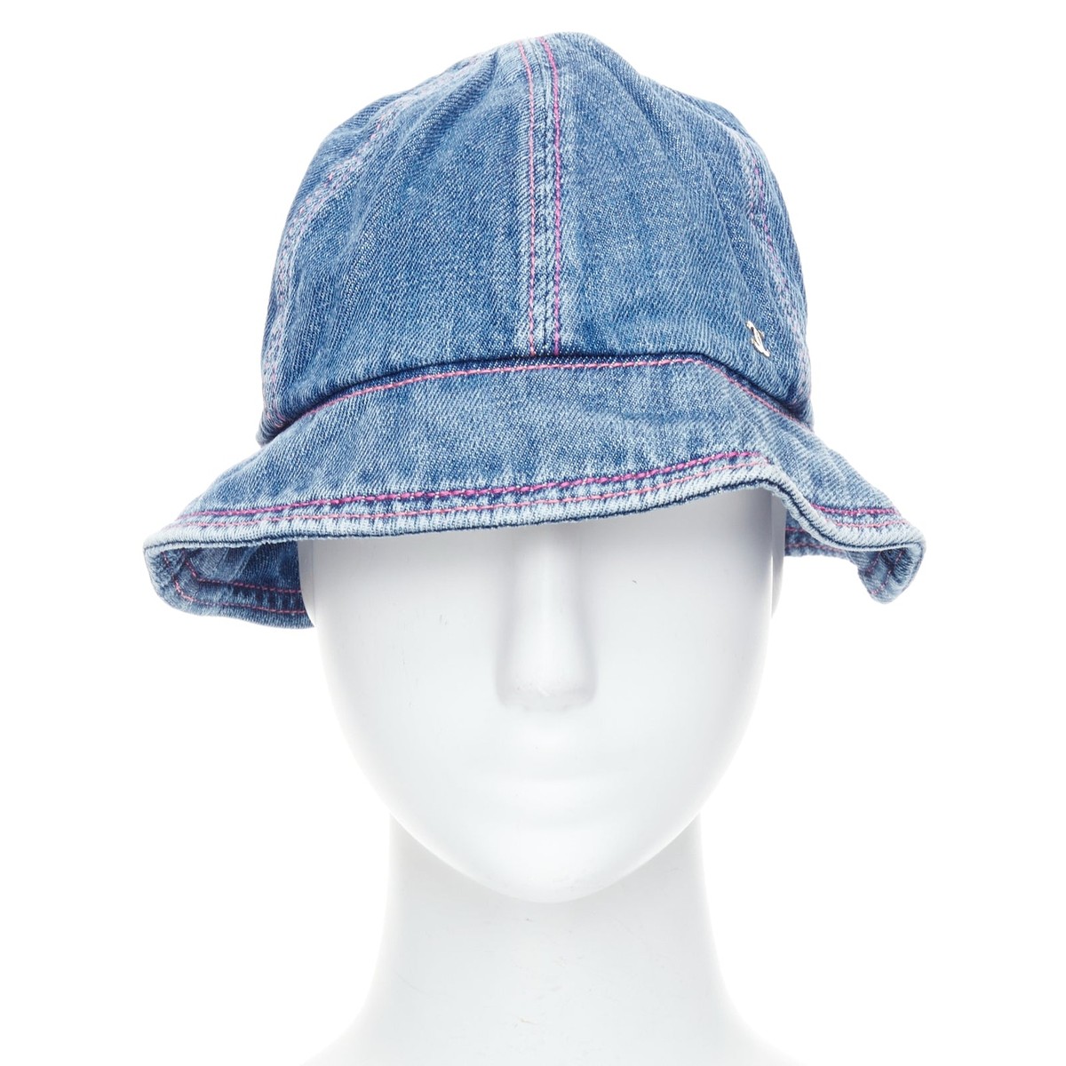 CHANEL 2022 washed blue denim silver CC logo red topstitch bucket
