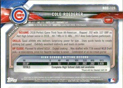 LOT OF 5 2018 BOWMAN DRAFT 1ST CHROME BASE PROSPECT BDC125 COLE