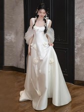 Spaghetti strap Simple A-line Wedding Dresses Cubic Floral Satin Floor Length