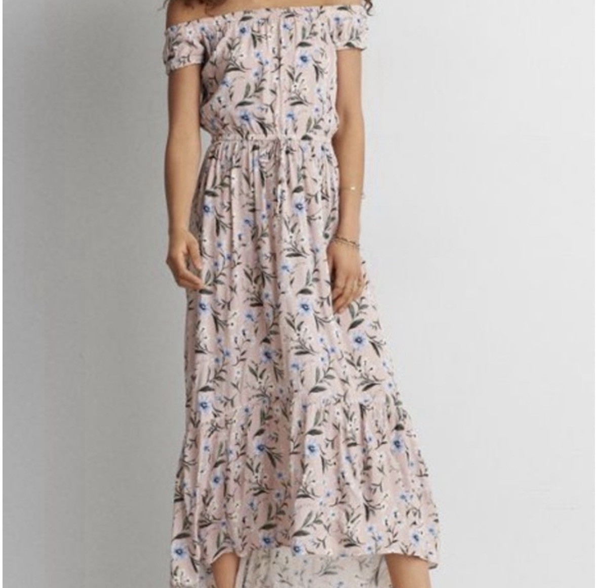 American Eagle Outfitters Pink Floral Off-Shoulder Maxi Dress S Cotton Ruffle