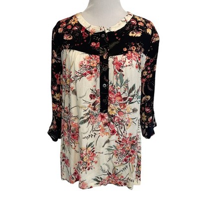 Miss Me Floral Gauze Henley Top Womens Small Black Ivory Mixed Prints Cottage