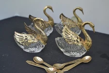 Salt well  set of 4 Golden Swans w/ Gold Spoons Italian Vintage