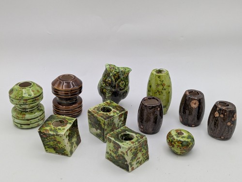 12 Vintage Ceramic Macrame Beads, Owls Tubes, Handmade Green & Brown