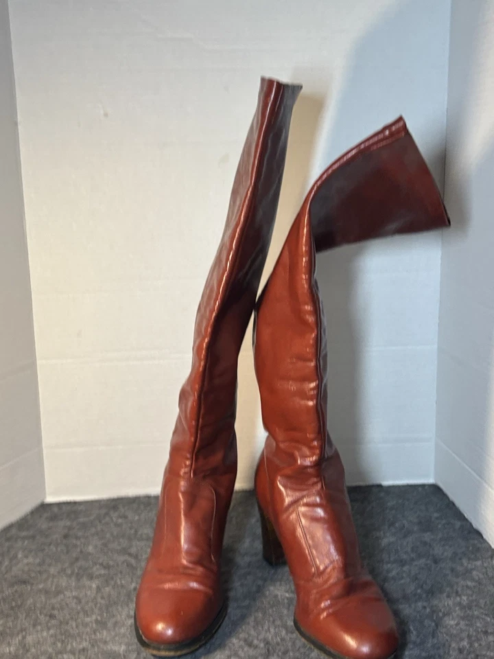 Botas hasta la rodilla Joyce California de cuero rojo años 70 de colección, boho, talla 7,5N Foto 3 de 4