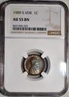 NGC AU-55 BN 1909-S VDB Lincoln Cent, Highly Lustrous, Pastel-Toned, Key-Date!