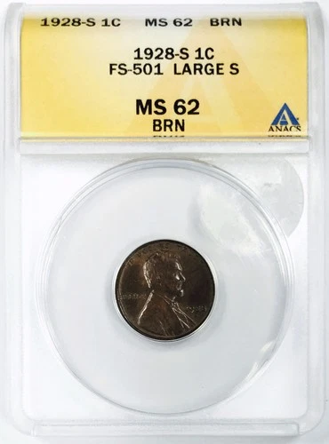 *1928 S LINCOLN WHEAT CENT* *LARGE S* *ANACS MS62* NR #G3857