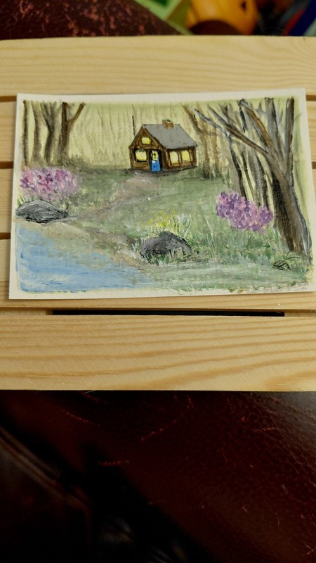 Landscape Cabin & Trees Illustration Painting on Paper, Small Unframed Single