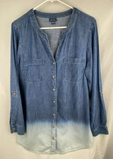 J.Jill Tunic Top Womens M Ombre Blue Chambray Dip Dyed Button Front Denim