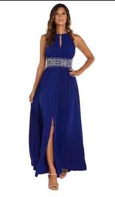 R&M Collection Beaded Waist Dress Womens Sz 8 Royal Blue Gown Sleeveless Maxi