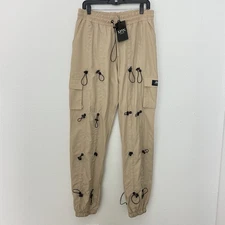 Boohoo Man Parachute Pants Beige Loose Fit All Over Toggle Cargo Size Large NEW