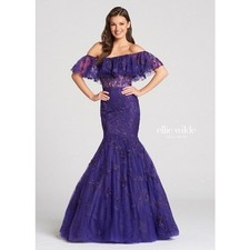 CLEARANCE WAS $653 Ellie Wilde Boho Off Shoulder Mermaid Dress EW118110 Purple 8