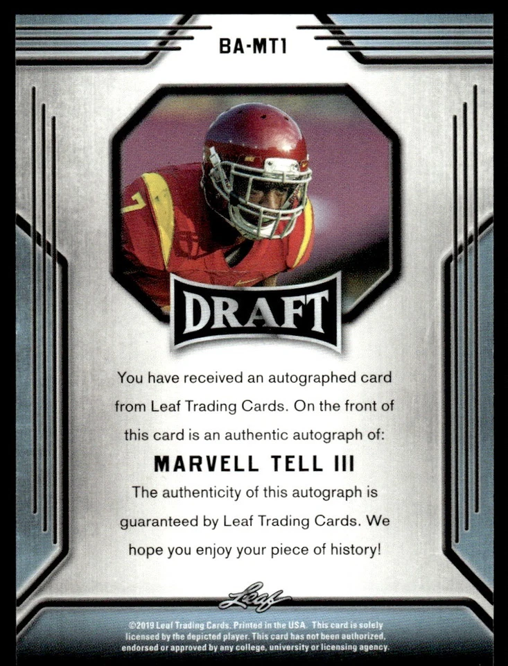 2019 Leaf Draft Autographs Marvell Tell III Auto USC Trojans #BA-MT1 - Image 2 of 2