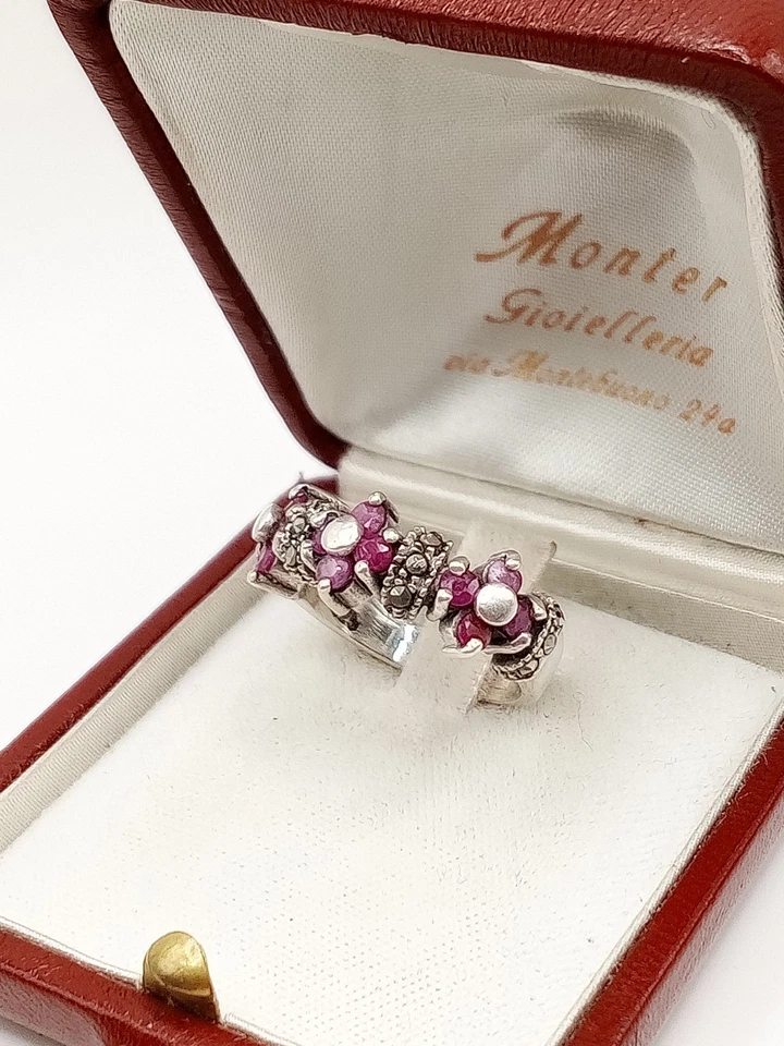 Anello Donna Argento 925 Vintage Antico Art Decò Fiori Rubini Marcasiti Fiori - Immagine 3 di 4