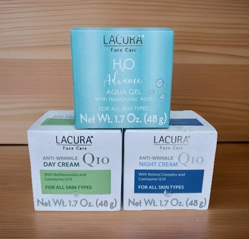مجموعة كريمات LACURA Q10 النهارية والليلية المكونة من 3 قطع مع جل مائي H20، للعناية بالبشرة المضادة للشيخوخة