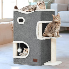 2 Tier Indoor Cat House Condo Activity Center w/ Hammock Bed  Scratching Post