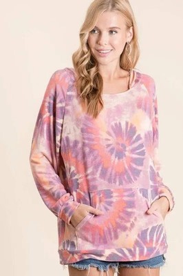Trendsi Tie Dye Hoodie Women's Casual Kangaroo Pocket Pullover Soft Terry