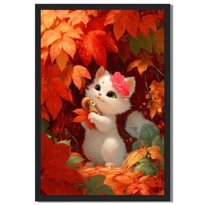 Cute White Cat and Squirrel Framed Canvas Print Autumn Leaves Wall Art