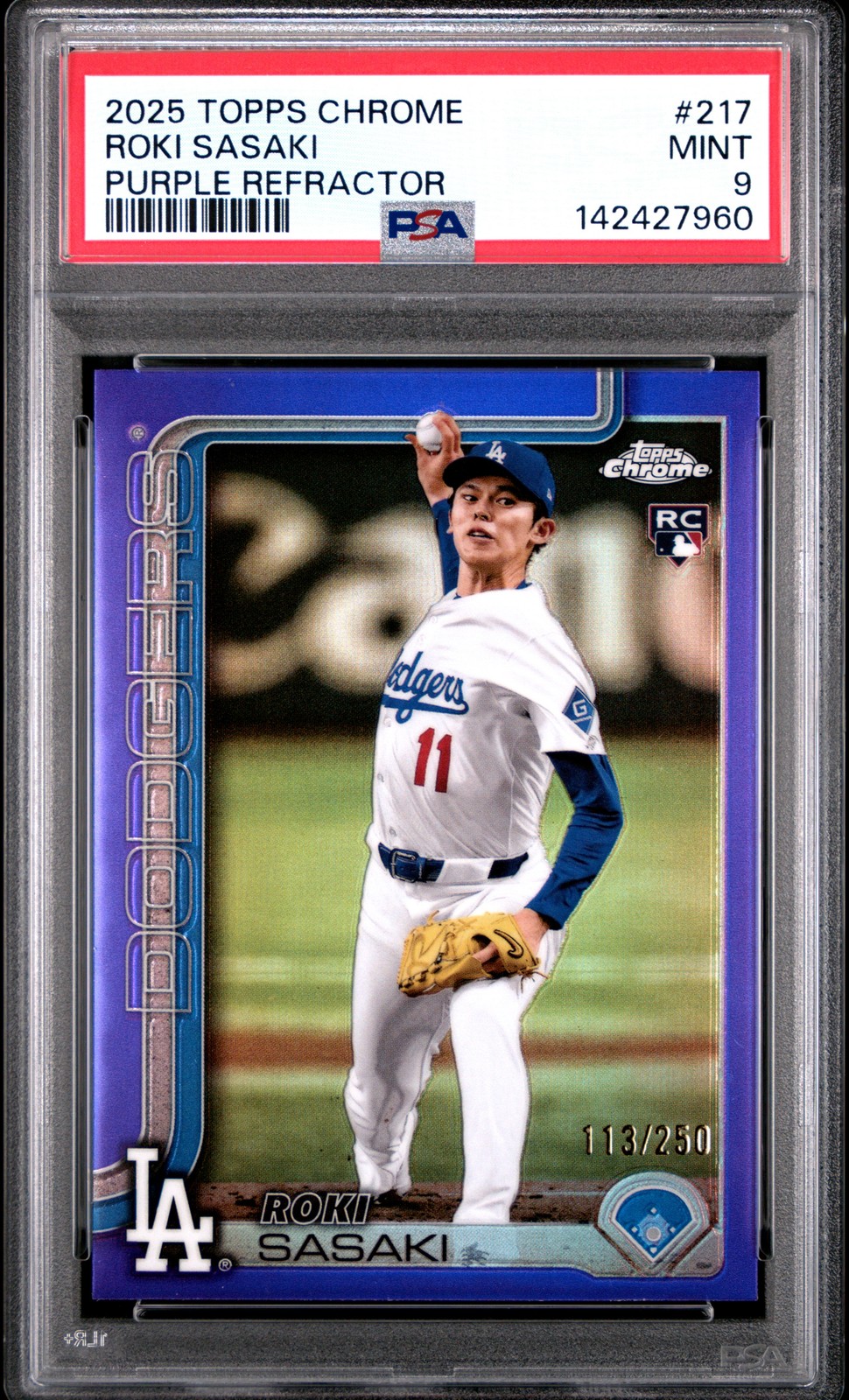 2025 Topps Chrome #217 Roki Sasaki Purple Refractor /250 PSA 9