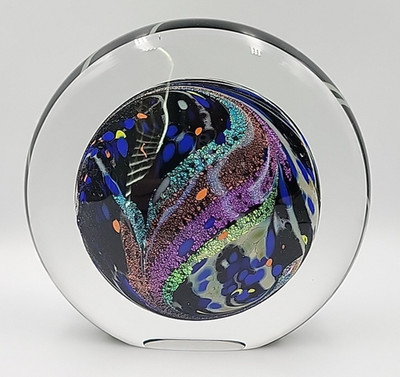 Rollin Karg Art Glass Large Dichroic Disc Paperweight Sculpture Signed/Date 1998