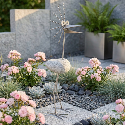 Steinvogel aus Granit und Edelstahl ca. 100 cm XL Gartendeko