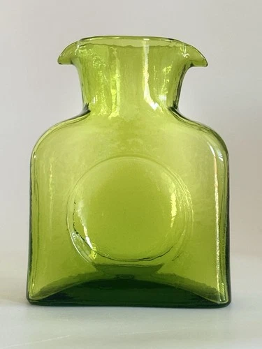Blenko Mini Water Bottle Olive Green Chartreuse MCM Glass Vase 8.25” Carafe