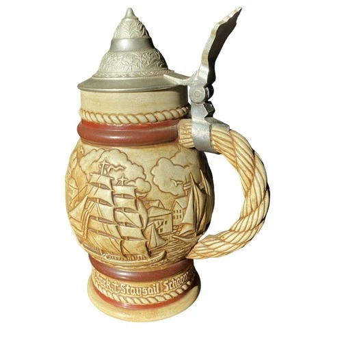 Avon 1977 Beer Stein w/ Lid Ivory "Sailing Ships Schooners" Brazil Vintage