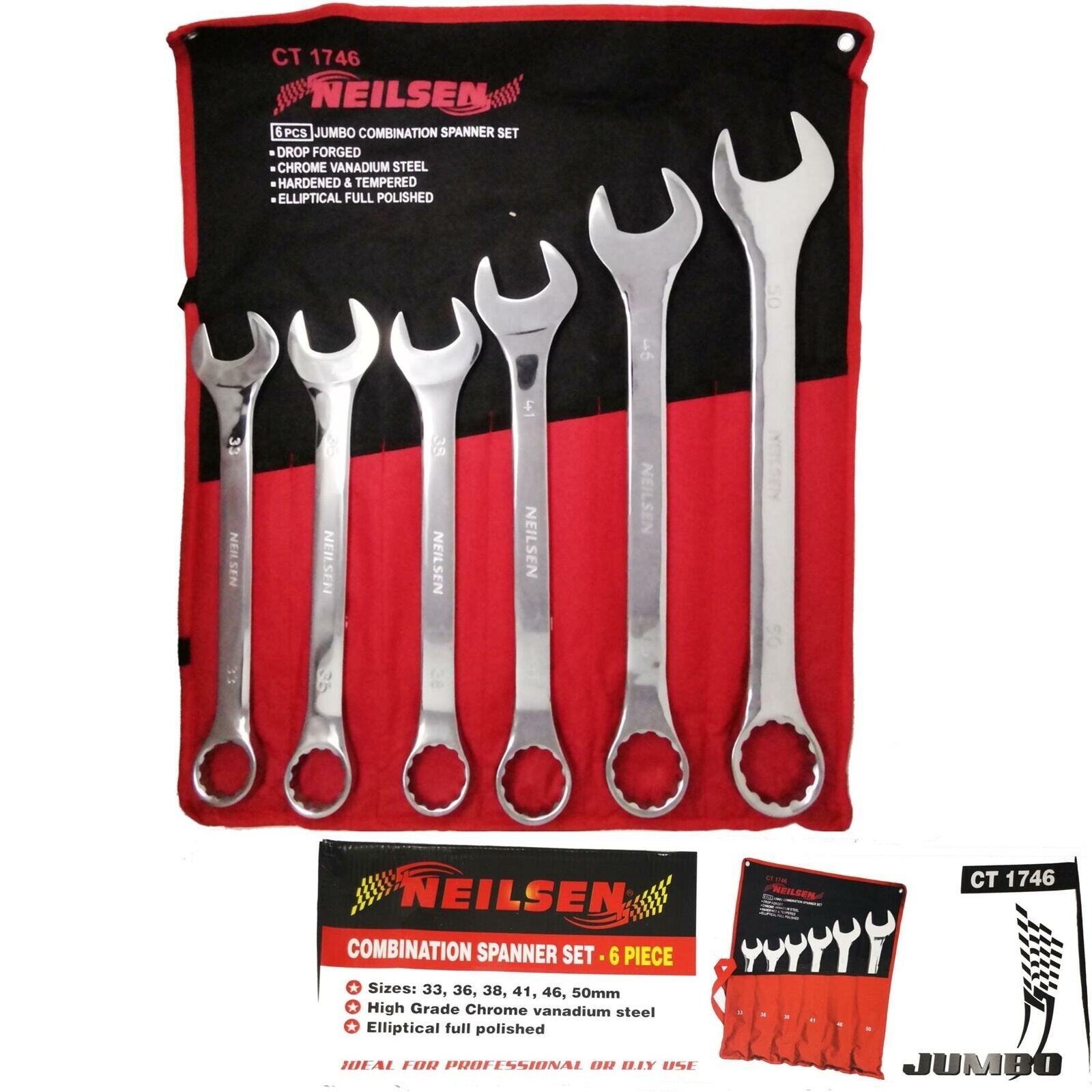 Neilsen 6pc Jumbo Metric Polished Combination Spanner Wrench Set 33mm - 50mm