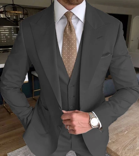 Business 3Pcs Men's Suits Lapel Slim Fit Jacket Wedding Groom Blazer Tuxedo - Foto 5 di 27