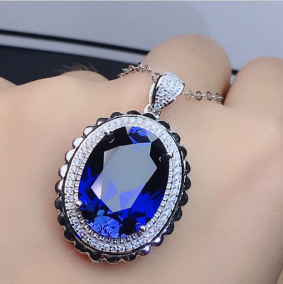 925 Sterling Silver Oval Blue CZ Topaz Pendant Chain Necklace Jewelry A25