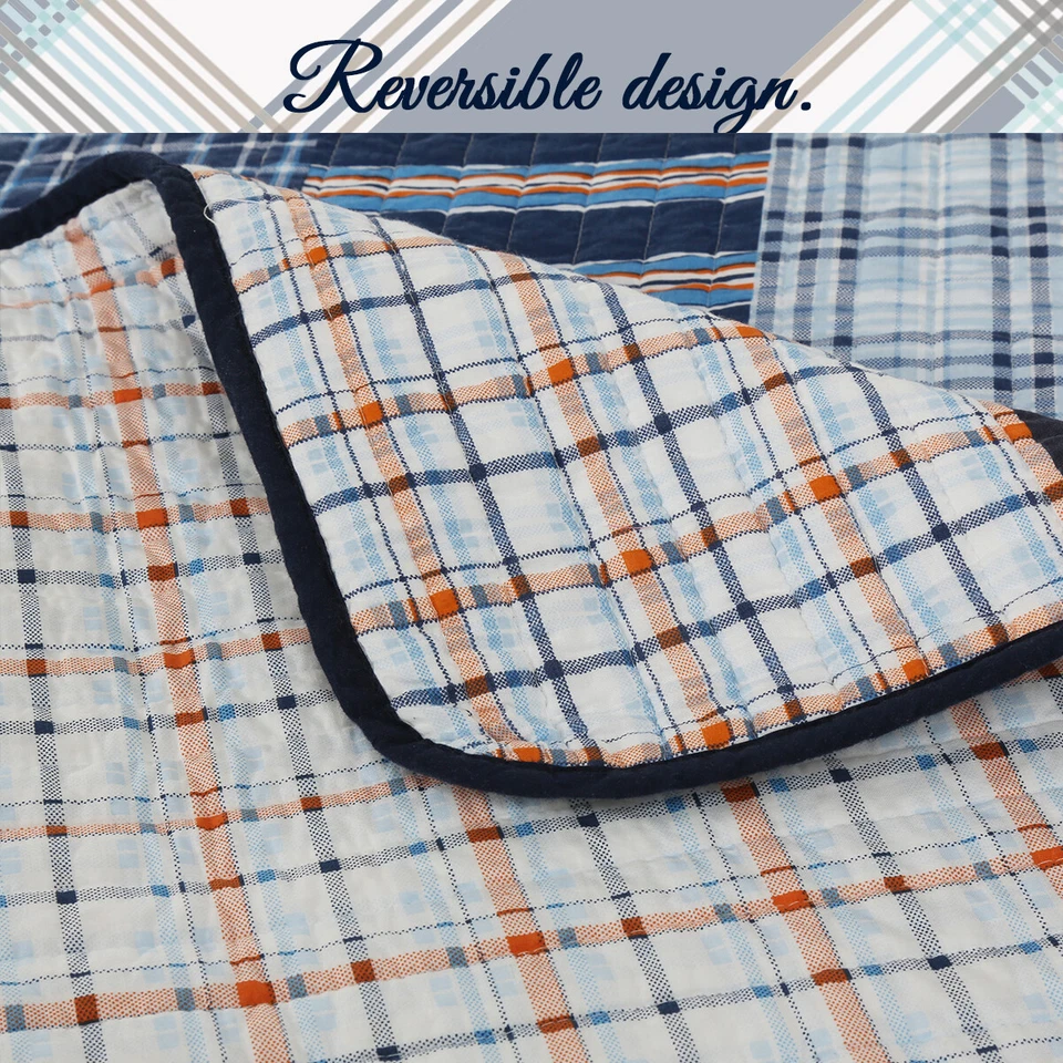 Juego de edredón reversible 100 % algodón a cuadros azul marino Salina, colcha, cubrecama Foto 3 de 4