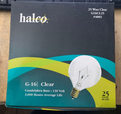 Box of 25 -  Halco G16CL25 Globe Light Bulbs 25W Clear 4002 130V Candelabra Base